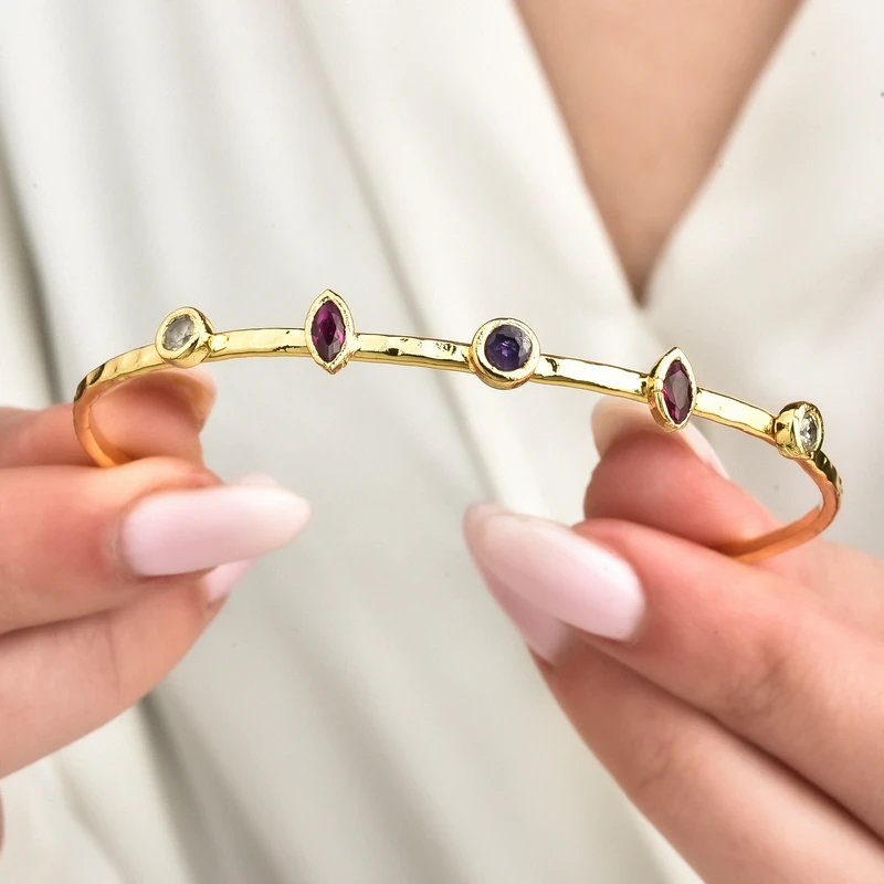 Hammered Gold-Plated Brass Celestial Stone Cuff.