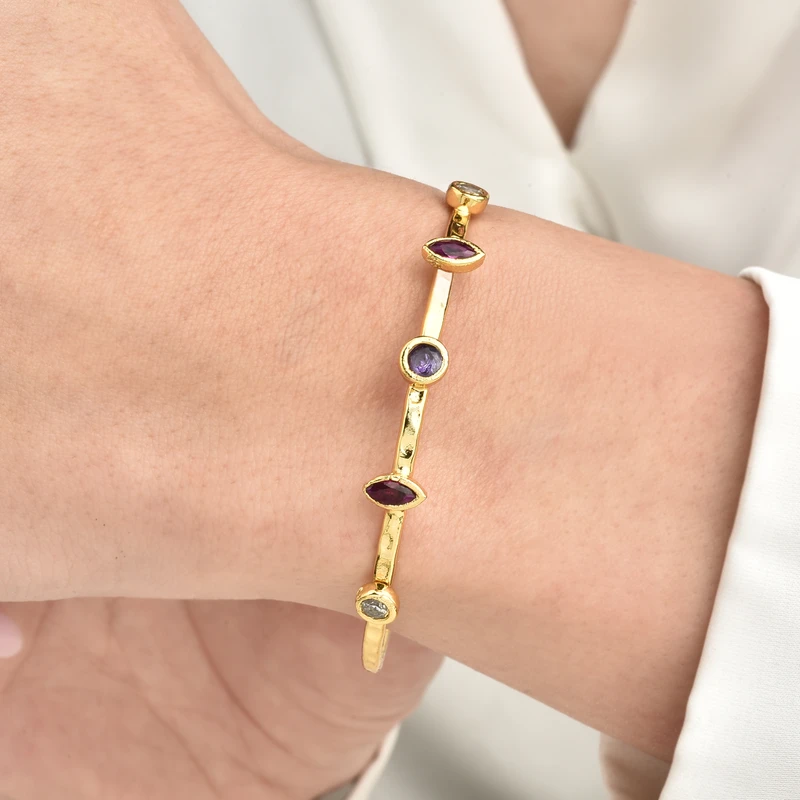 Hammered Gold-Plated Brass Celestial Stone Cuff.