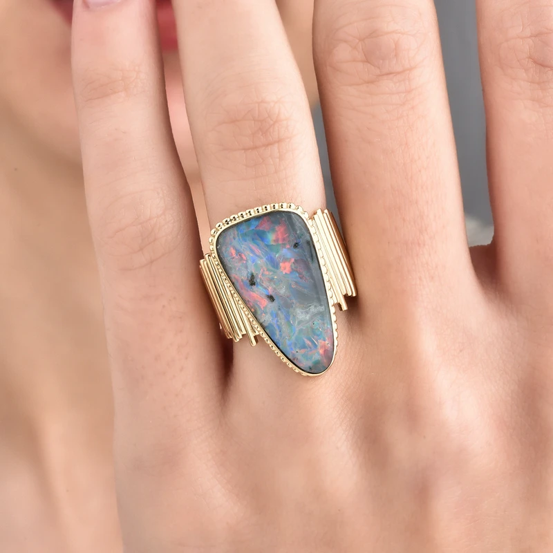 14k Gold Freeform Boulder Opal Statement Ring