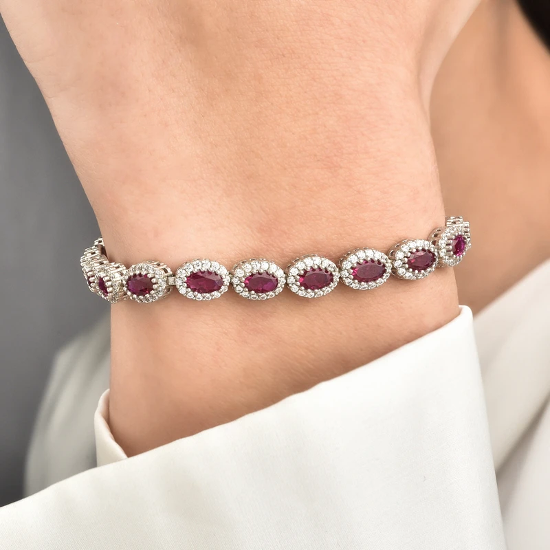 Brilliant Ruby-Tone Silver Halo Link Bracelet