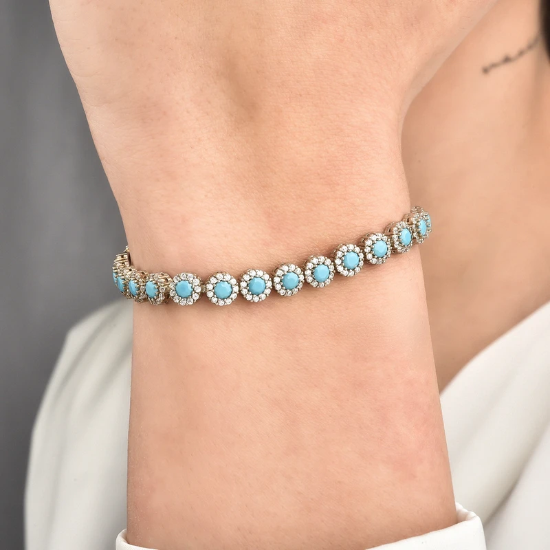 Sterling Silver Turquoise & Zirconia Halo Tennis Bracelet
