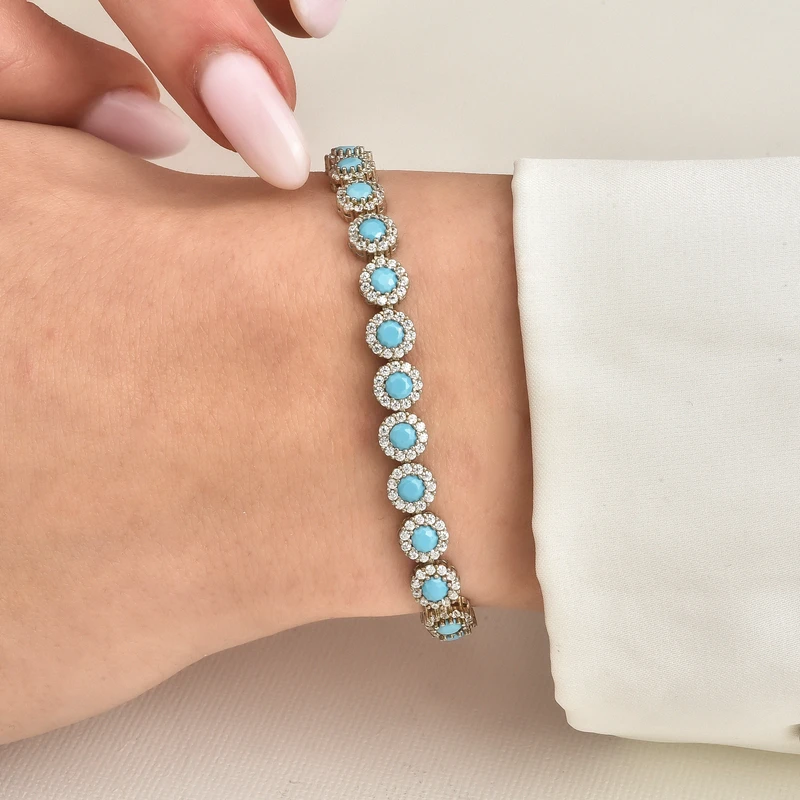 Sterling Silver Turquoise & Zirconia Halo Tennis Bracelet Image 2