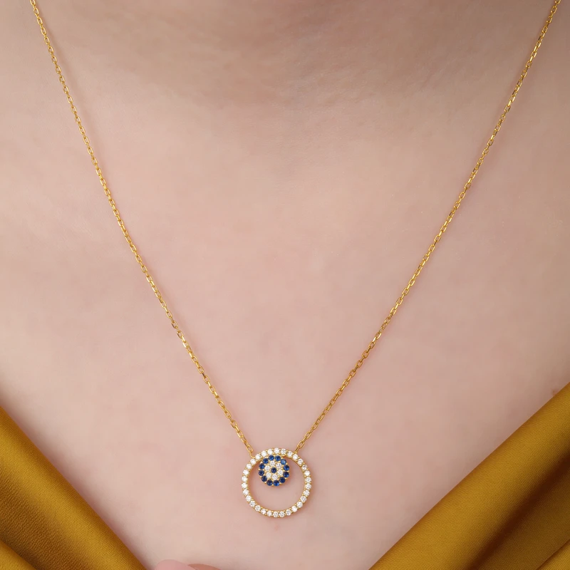 Gold Halo Evil Eye Pave Circle Necklace Image 2