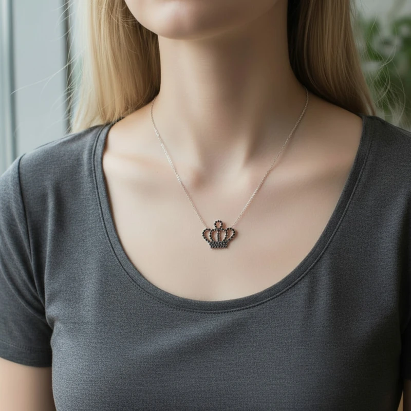 Silver Pave Black Zirconia Crown Necklace Image 2